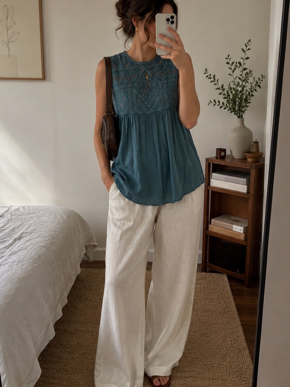 Wilfred Teal Embroidered Babydoll Tank Top 🦋